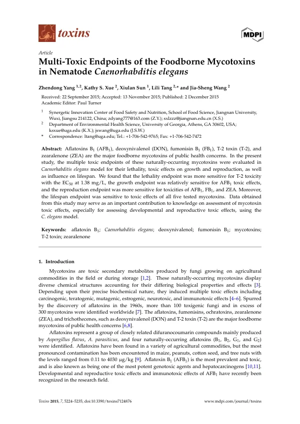 Multi-Toxic Endpoints of the Foodborne Mycotoxins in Nematode Caenorhabditis elegans