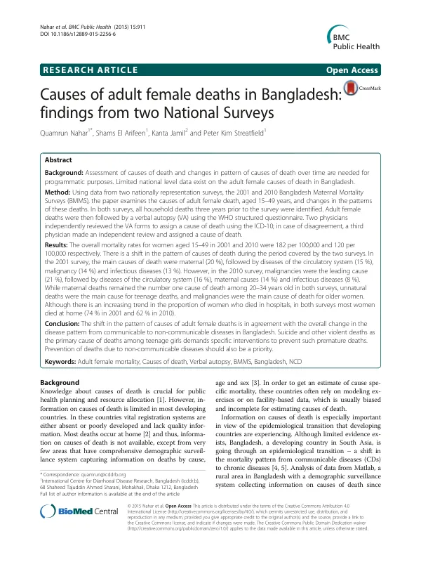Causes of adult female deaths in Bangladesh: findings from two National Surveys