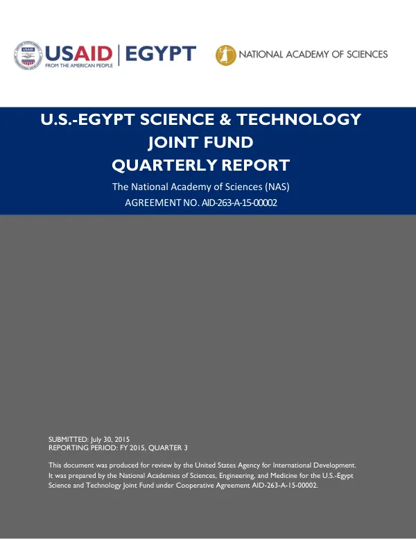 U.S.-EGYPT SCIENCE & TECHNOLOGY JOINT FUND QUARTERLY REPORT