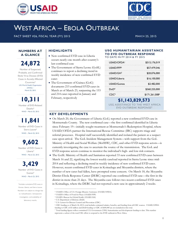 West Africa – Ebola Outbreak Fact Sheet #26, Fiscal Year (FY) 2015