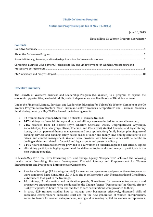 USAID Go Women Program Status and Progress Report (as of May 31, 2015)
