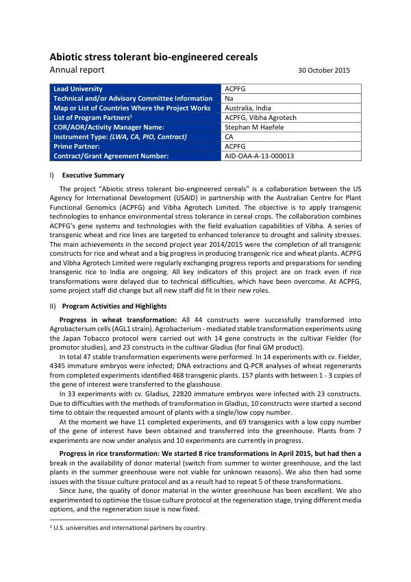 Annual Report: Abiotic Stress Tolerant Bio-engineered Cereals