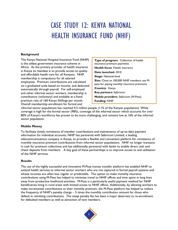 Case Study 12: Kenya National Health Insurance Fund (NHIF) Mobile Money Compendium