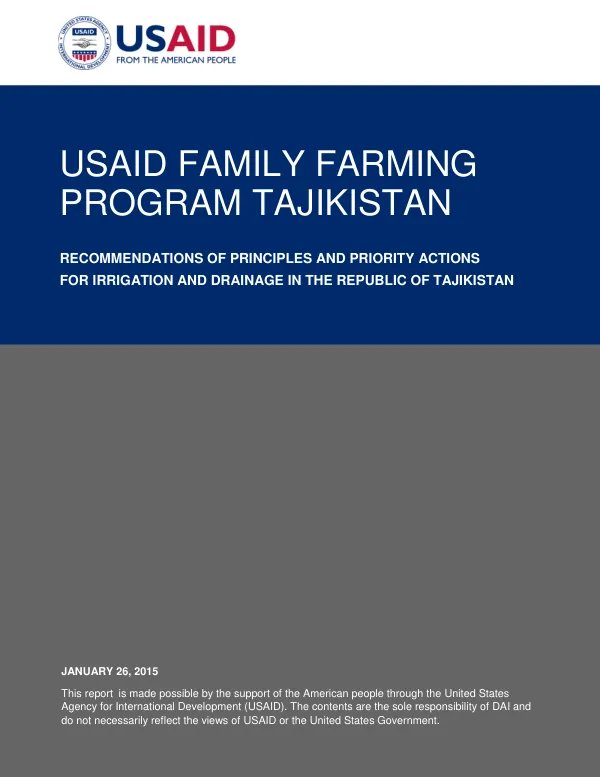 Recommendations of Principles and Priority Actions for Irrigation and Drainage in the Republic of Tajikistan