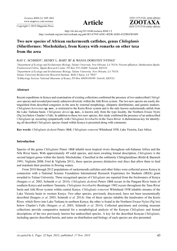 Two new species of African suckermouth catfishes, genus Chiloglanis (Siluriformes: Mochokidae), from Kenya with remarks on other taxa from the area