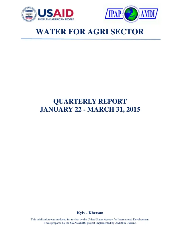 Sustainable Water Supply for Agriculture Development Roll-Out Quarterly Report