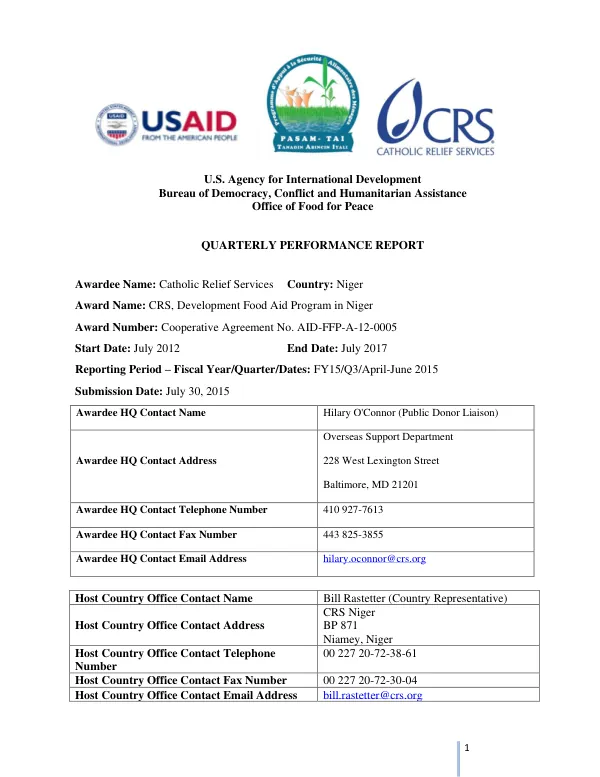 Quarterly Performance Report: CRS, Development Food Aid Program in Niger