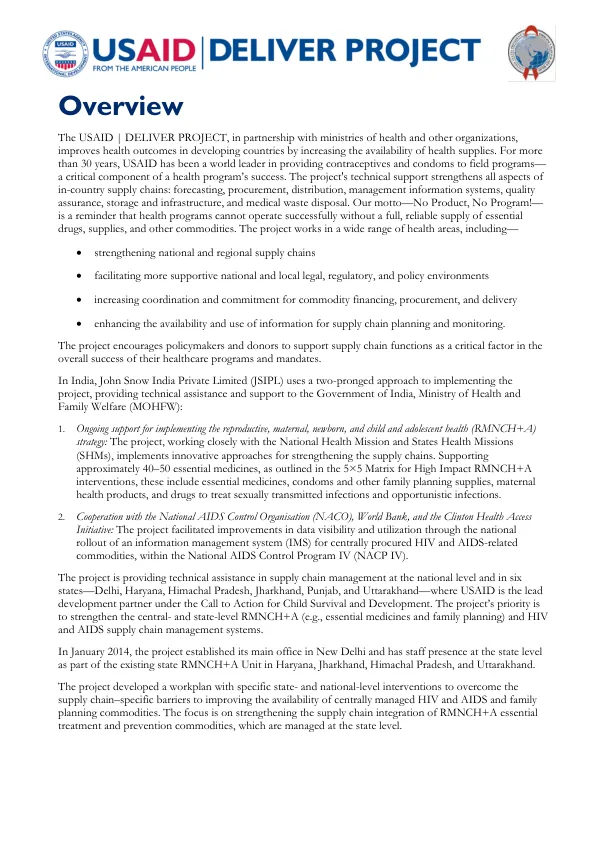 USAID | DELIVER PROJECT Overview in India, June 2015