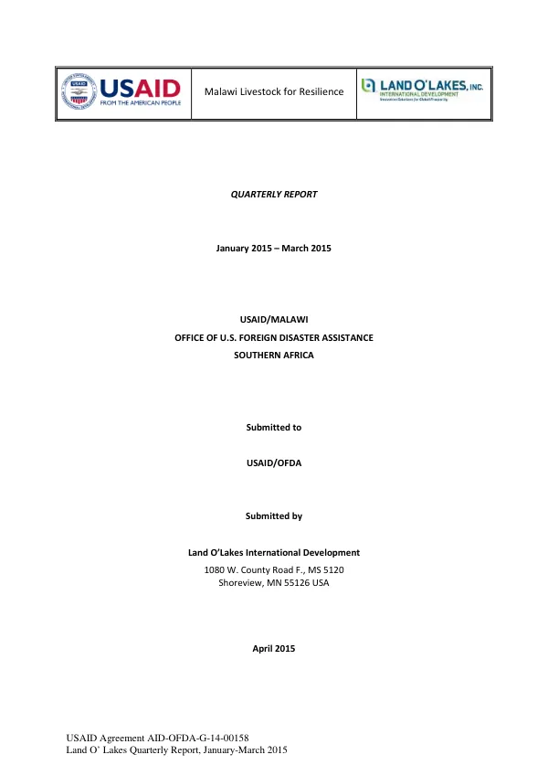 Malawi Livestock for Resilience Quarterly Report January 2015 – March 2015