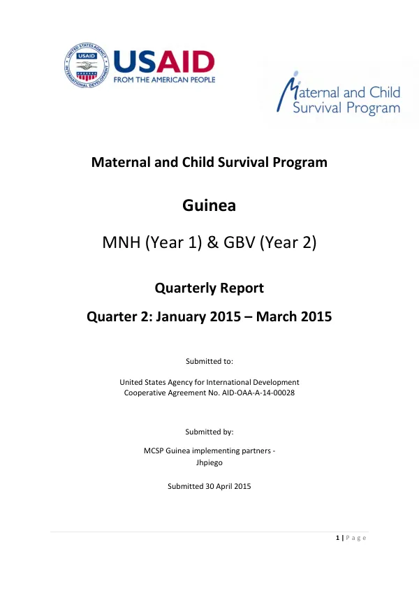 Maternal and Child Survival Program Quarterly Report: January 2015 – March 2015