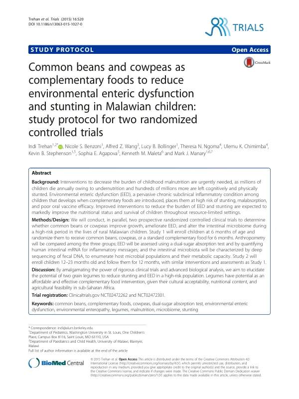 Common beans and cowpeas as complementary foods to reduce environmental enteric dysfunction and stunting in Malawian children: study protocol for two randomized controlled trials