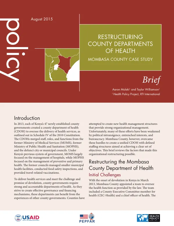 Restructuring County Departments of Health: Mombasa County Case Study