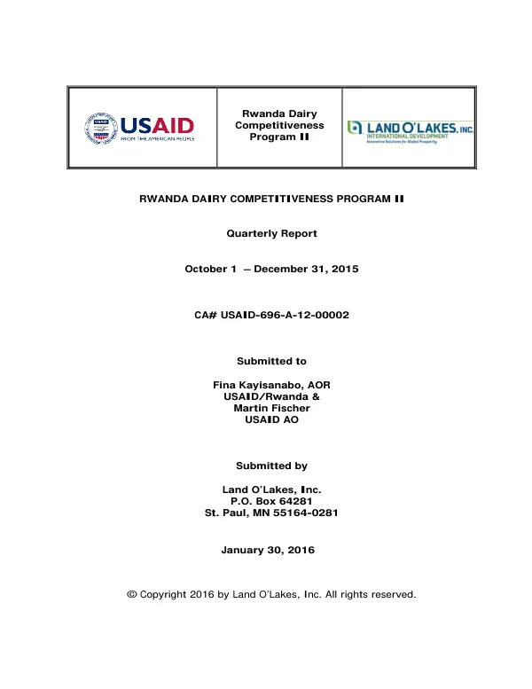 Rwanda Dairy Competitiveness Program II Quarterly Report October 1 – December 31, 2015