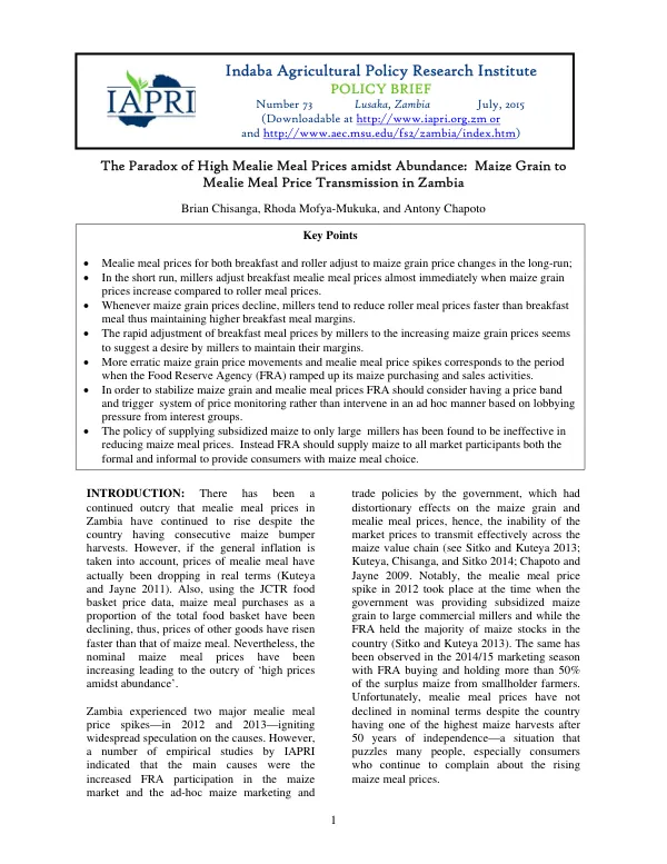 The Paradox of High Mealie Meal Prices amidst Abundance: Maize Grain to Mealie Meal Price Transmission in Zambia