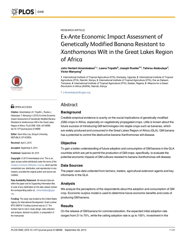 Ex-Ante Economic Impact Assessment of Genetically Modified Banana Resistant to Xanthomonas Wilt in the Great Lakes Region of Africa