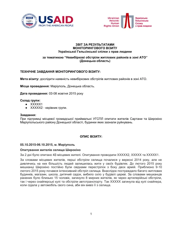 Звіт з результатами моніторингового візиту Української Гельсінської спілки з прав людини за тематикою “Невибіркові обстріли житлових районів в зоні АТО”