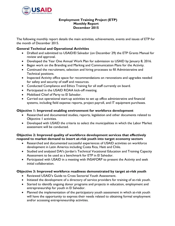 Employment Training Project (ETP) Monthly Report for December 2016