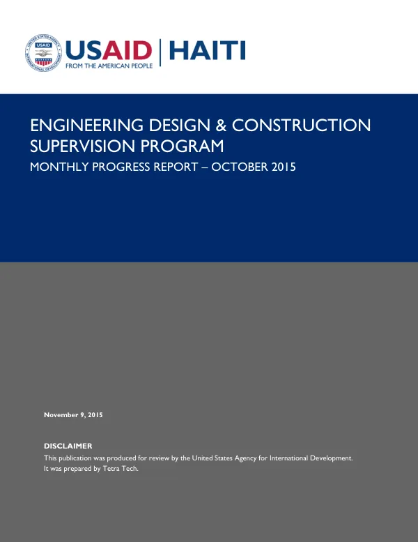 Engineering Design & Construction Supervision Program Monthly Progress Report – October 2015