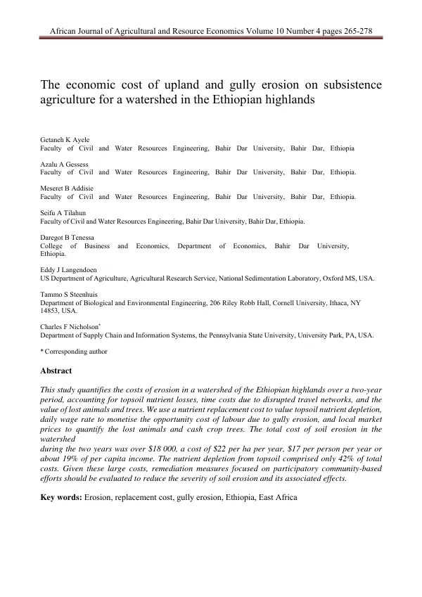 The economic cost of upland and gully erosion on subsistence agriculture for a watershed in the Ethiopian highlands