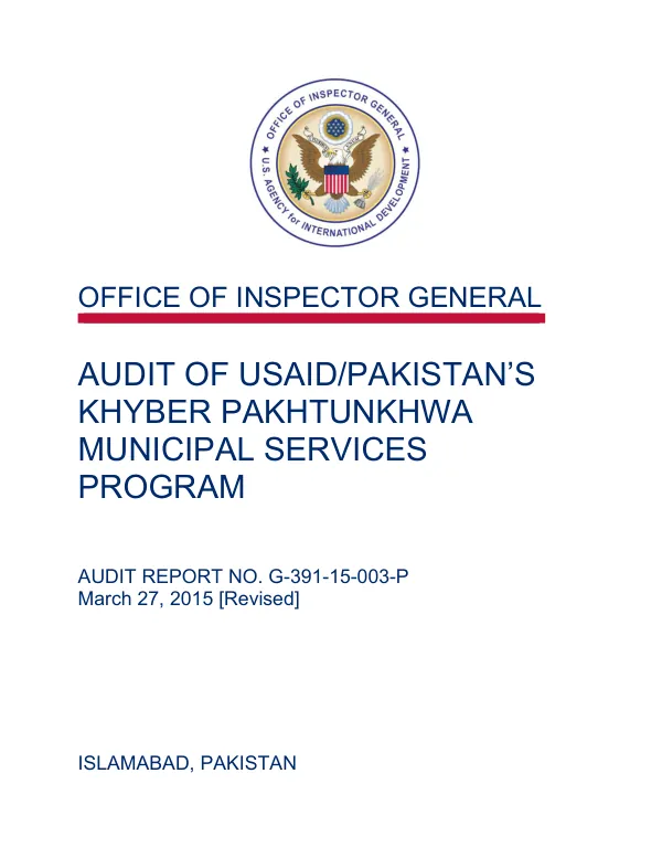Audit of USAID/Pakistan's Khyber Pakhtunkhwa Municipal Services Program