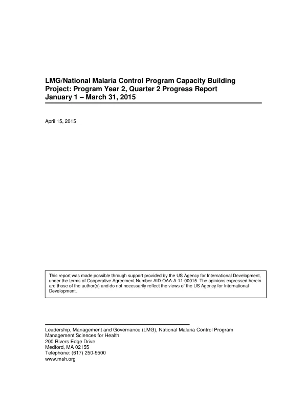 Leadership, Management and Governance National Malaria Control Program Capacity Building Project: Program Year 2, Quarter 2 Progress Report