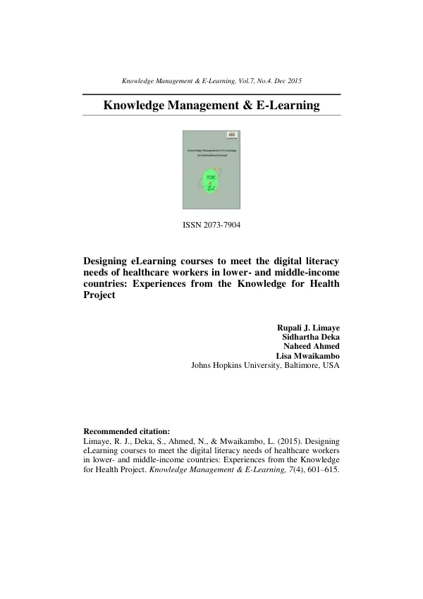 Designing eLearning courses to meet the digital literacy needs of healthcare workers in lower- and middle-income countries: Experiences from the Knowledge for Health Project