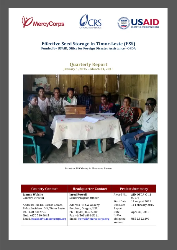 Quarterly Report – Effective Seed Storage in Timor-Leste