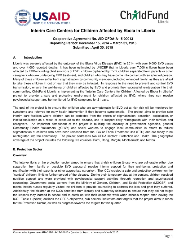 Interim Care Centers for Children Affected by Ebola in Liberia