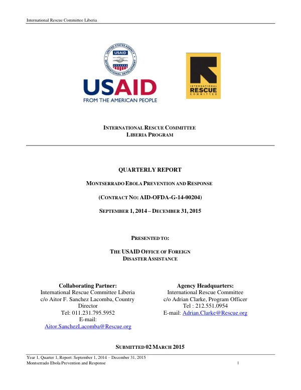 Year 1, Quarter 1, Report: Montserrado Ebola Prevention and Response