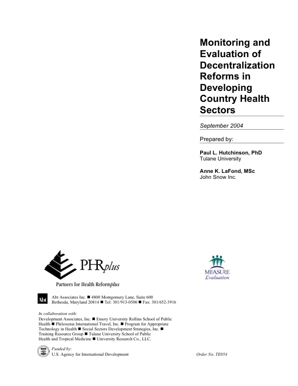 Monitoring and evaluation of decentralization reforms in developing country health sectors
