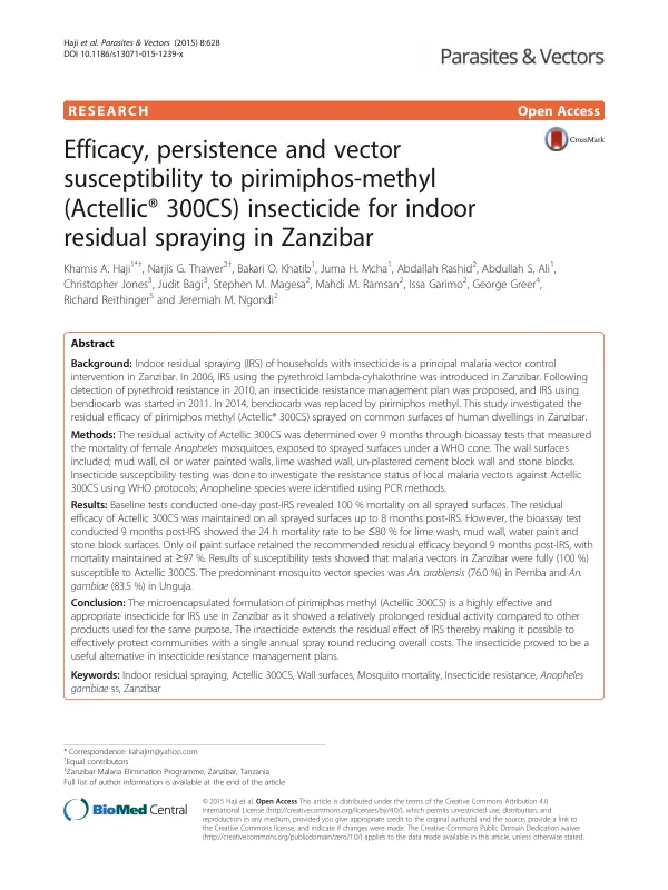 Efficacy, persistence and vector susceptibility to pirimiphos-methyl (Actellic 300CS) insecticide for indoor residual spraying in Zanzibar