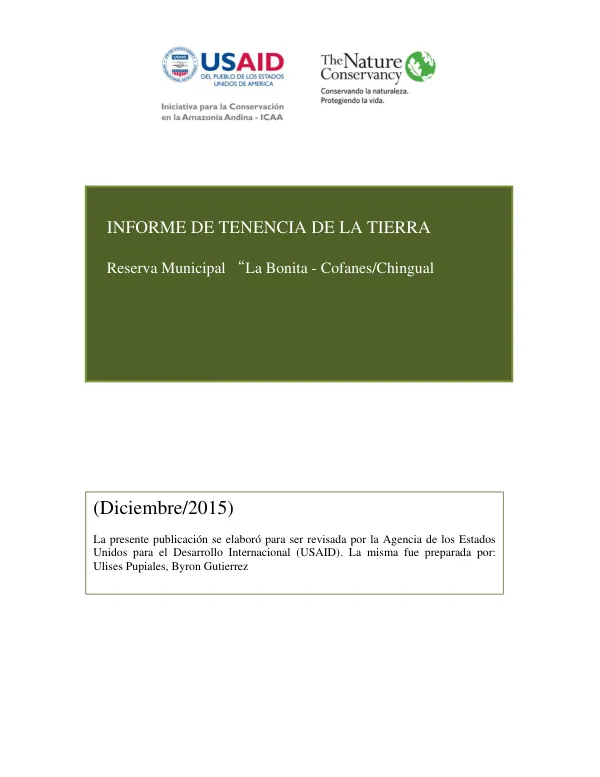 Informe de Tenencia de la Tierra: Reserva Municipal "La Bonita - Cofanes/Chingual"