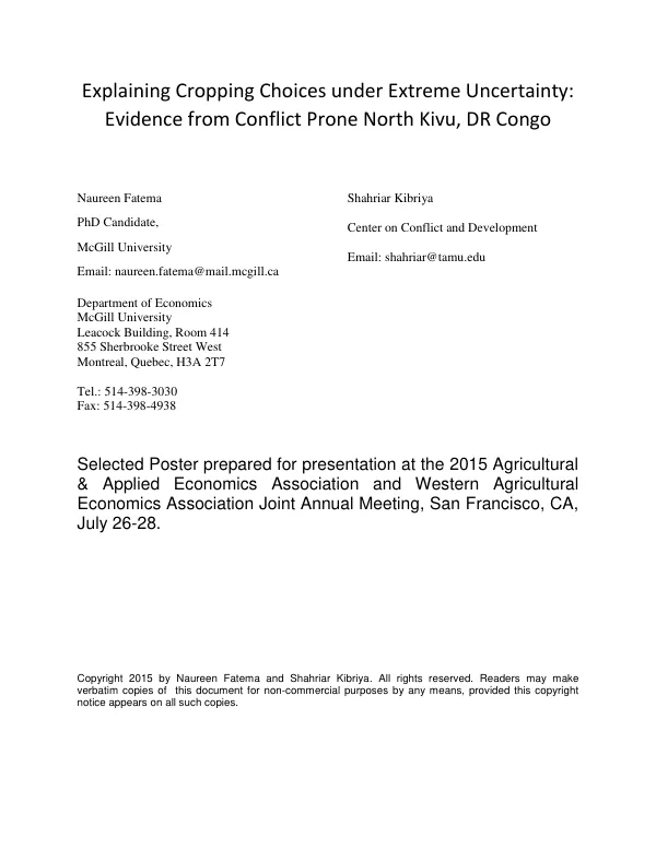 Explaining Cropping Choices under Extreme Uncertainty: Evidence from Conflict Prone North Kivu, DR Congo