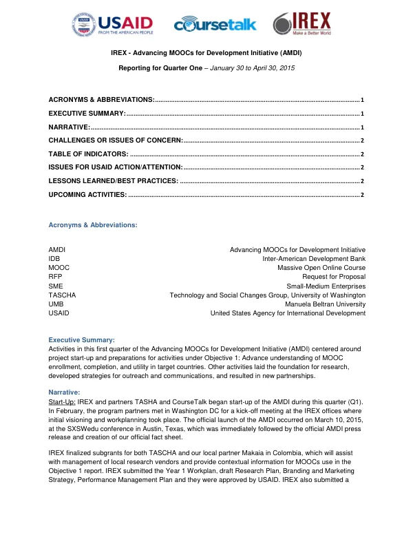 IREX - Advancing MOOCs for Development Initiative (AMDI) Reporting for Quarter One – January 30 to April 30, 2015