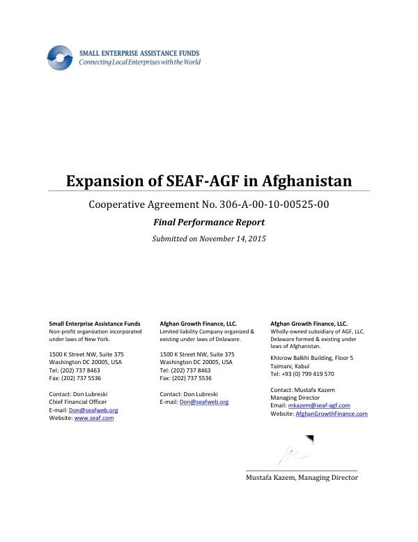 Final Performance Report: Expansion of SEAF-AGF in Afghanistan