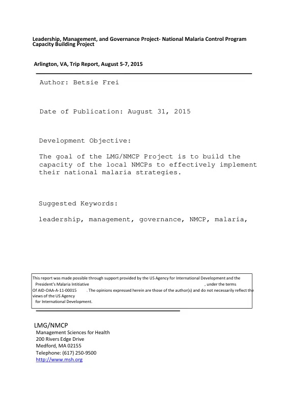 Leadership, Management, and Governance Project- National Malaria Control Program Capacity Building Project Trip Report