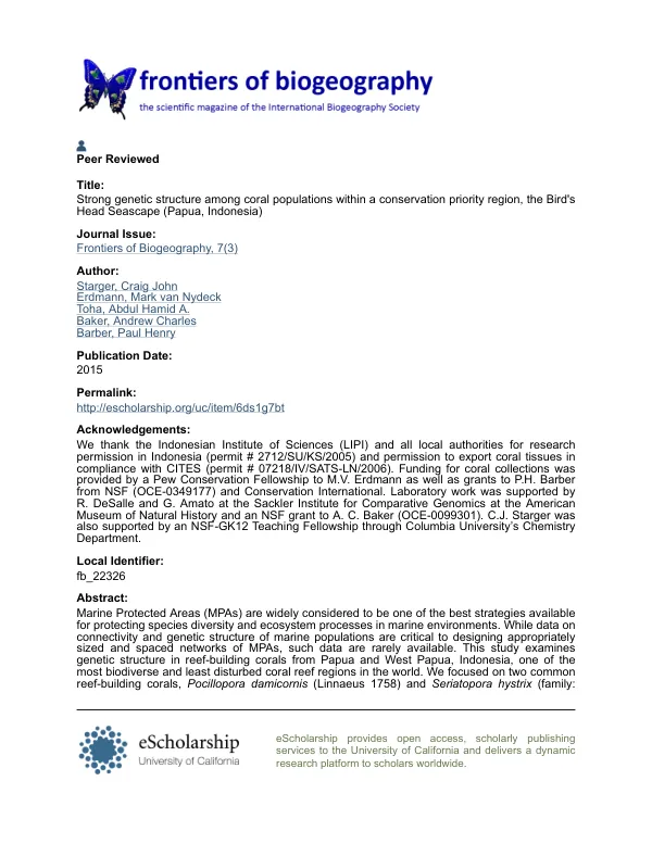 Strong structure among coral populations within conservation priority region, the Bird's Head Seascape (Papua, Indonesia)