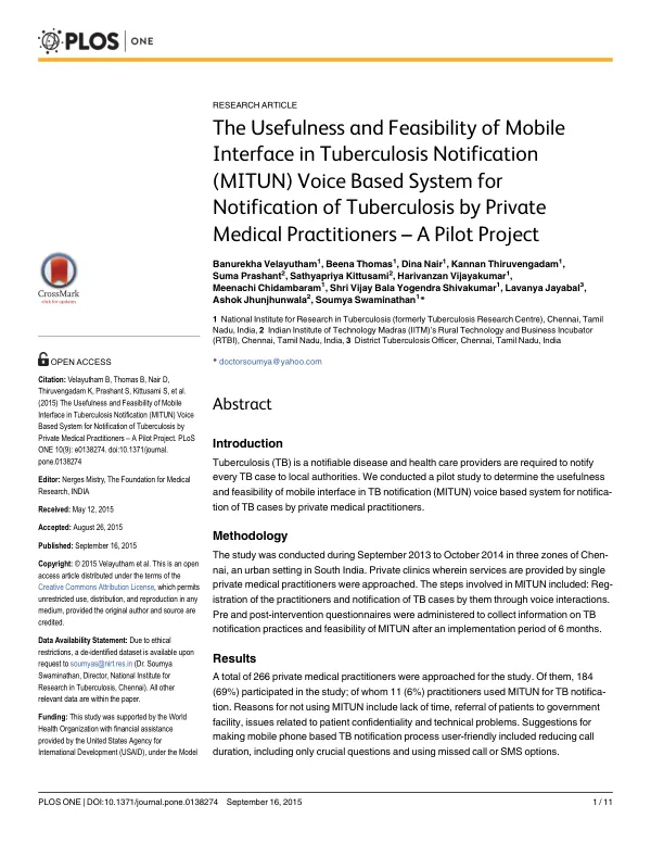The Usefulness and Feasibility of Mobile Interface in Tuberculosis Notification (MITUN) Voice Based System for Notification of Tuberculosis by Private Medical Practitioners – A Pilot Project