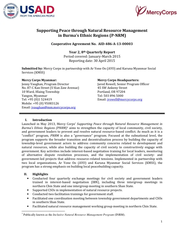 Supporting Peace through Natural Resource Management in Burma’s Ethnic Regions (P-NRM)