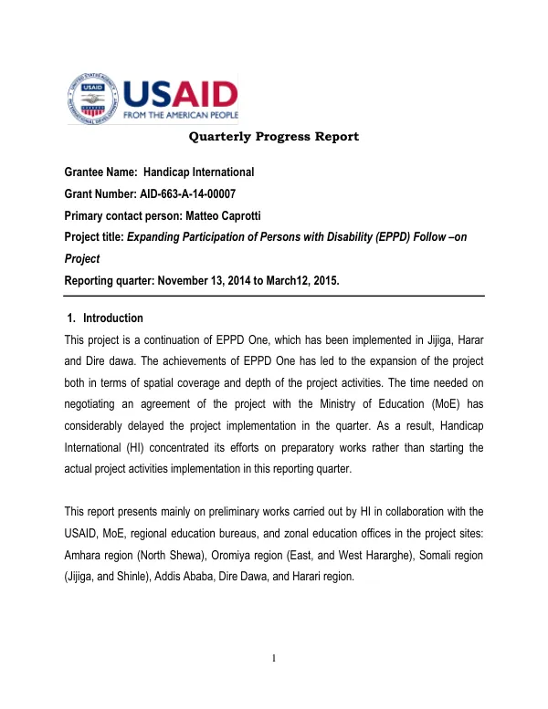 Quarterly Progress Report: Expanding Participation of Persons with Disability (EPPD) Follow –on Project