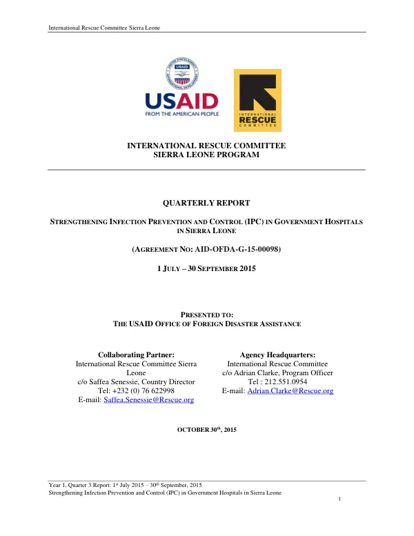 Year 1, Quarter 3 Report: 1st July 2015 – 30th September, 2015 Strengthening Infection Prevention and Control (IPC) in Government Hospitals in Sierra Leone