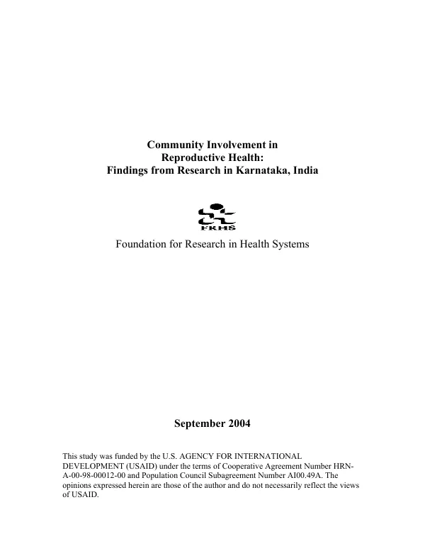 Community involvement in reproductive health : findings from research in Karanataka, India