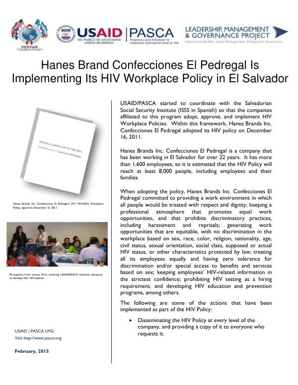 Hanes Brand Confecciones El Pedregal Is Implementing Its HIV Workplace Policy in El Salvador