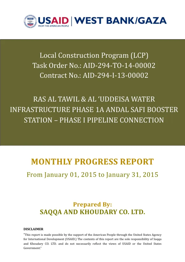 Monthly Progress Report for RAS AL TAWIL & AL ‘UDDEISA WATER INFRASTRUCTURE PHASE 1A AND AL SAFI BOOSTER STATION – PHASE I PIPELINE CONNECTION