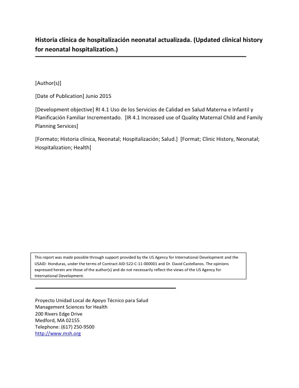 Historia clínica de hospitalización neonatal actualizada