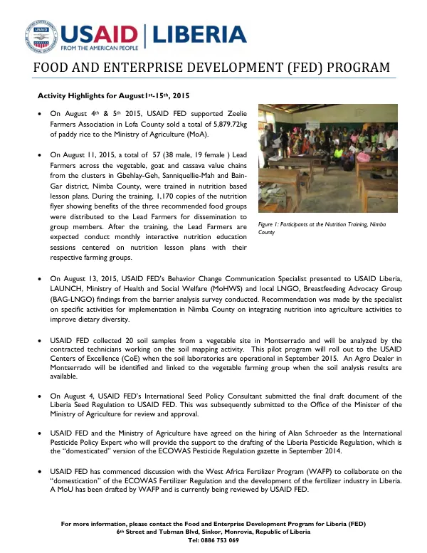 Activity Highlights for August 1st-15th, 2015: Food and Enterprise Development (FED) Program