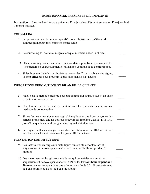 Questionnaire Préalable DIU Implants