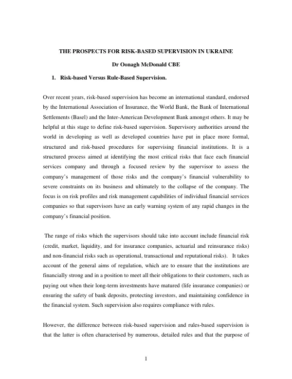 The Prospects for Risk-Based Supervision in Ukraine