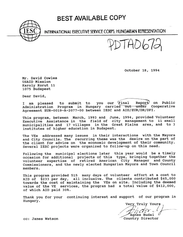 Final report on public administration program in Hungary : International Executive Service Corps, Budapest, Hungary -- cooperative agreement EUR-0019-A-00-2077-00