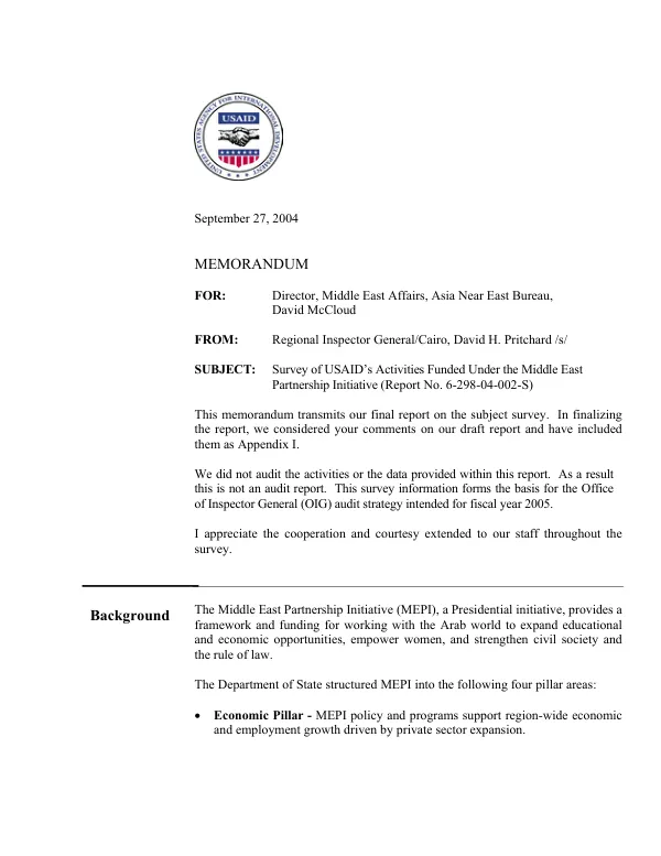 Memorandum : survey of USAID"s activities funded under the Middle East partnership initiative (report no. 6-298-04-002-S)